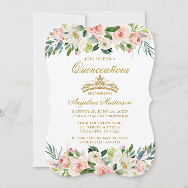 Quinceanera Watercolor Pink Blush White Floral Invitation (Front)