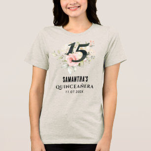 Quinceanera Watercolor Pink Floral 15th Birthday Tri-Blend Shirt
