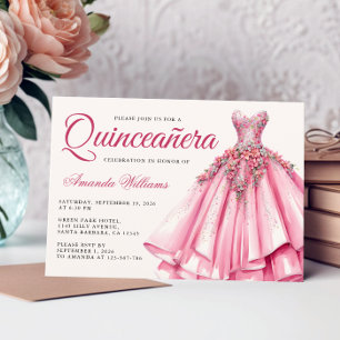 Quinceanera Watercolor Rose Gold Gown Invitation