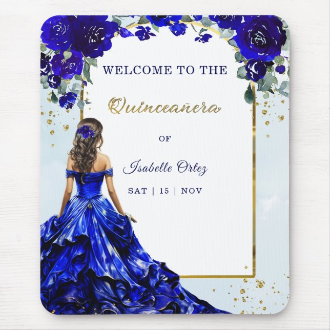 Quinceañera Welcome Royal Blue and Gold Mouse Mat (Front)