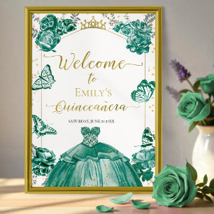 Quinceanera Welcome Sign Emerald Green Dress