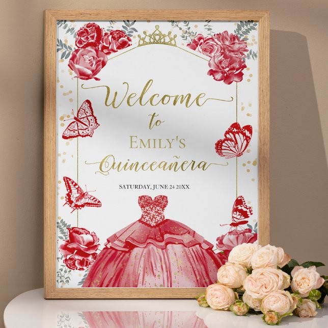 Quinceanera Welcome Sign Red Dress Floral Gold (Creator Uploaded)