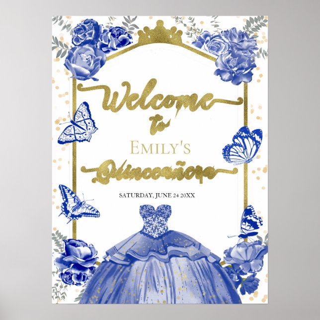 Quinceanera Welcome Sign Royal Blue Dress Floral (Front)