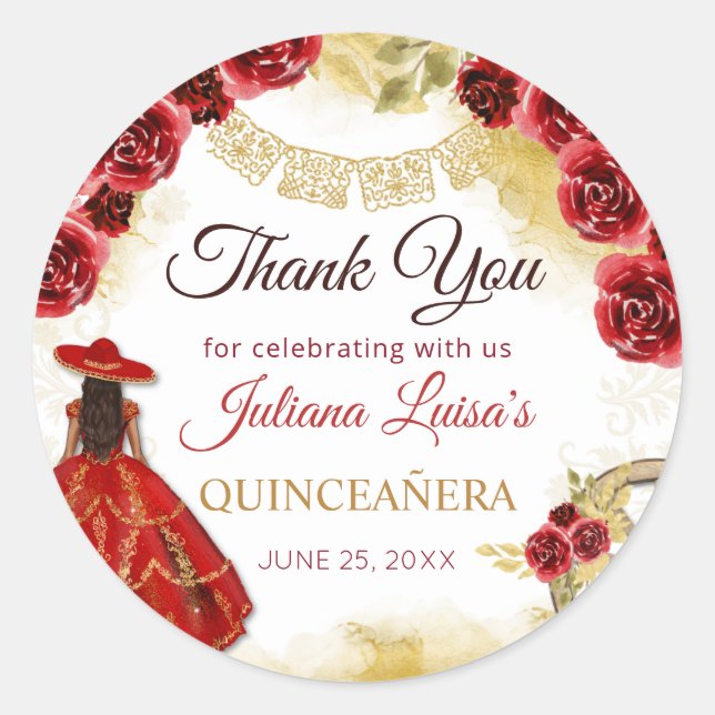 Quinceañera Western Red Gold Charra Floral Boots Classic Round Sticker (Front)