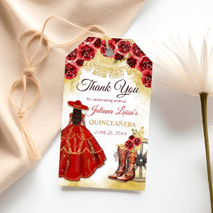 Quinceañera Western Red Gold Charra Floral Boots Gift Tags