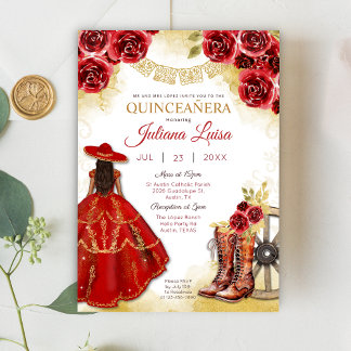 Quinceañera Western Red Gold Charra Floral Boots Invitation