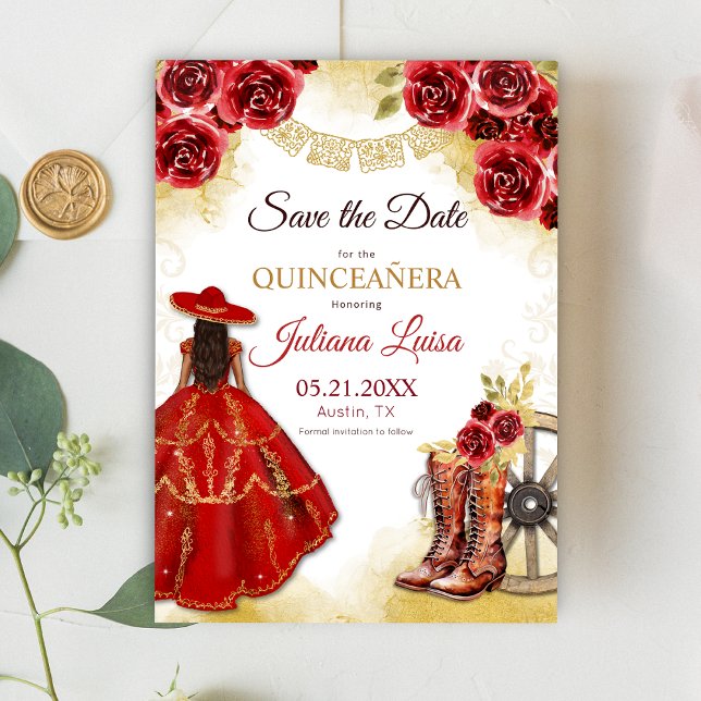 Quinceañera Western Red Gold Charra Floral Boots Save The Date (Creator Uploaded)