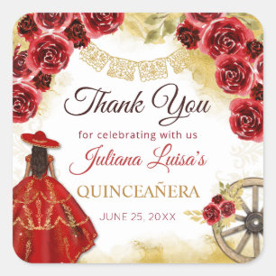 Quinceañera Western Red Gold Charra Floral Boots Square Sticker