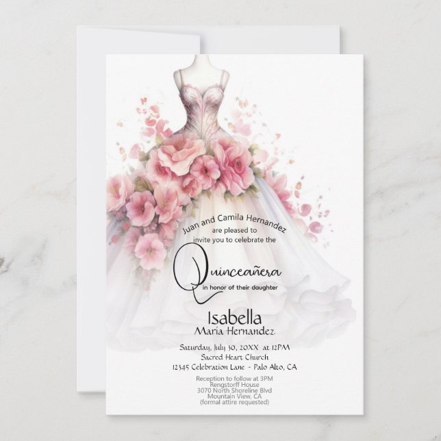 Quinceañera | White and Pink Camellia Gown  Invitation (Front)