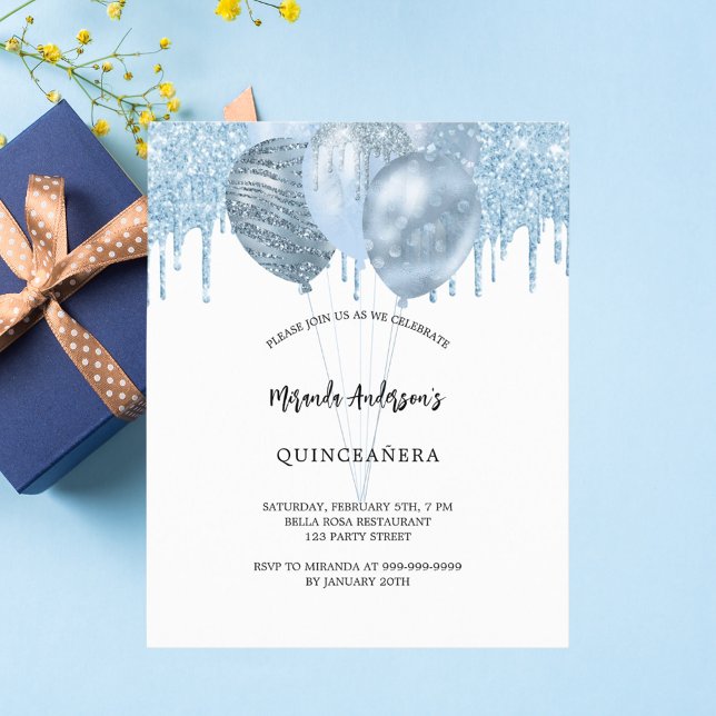 Quinceanera white blue balloons budget invitation flyer (Creator Uploaded)