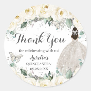 Quinceañera White Floral Princess Butterfly Silver Classic Round Sticker