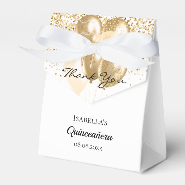 Quinceanera white gold balloons thank you favour box (Front Side)