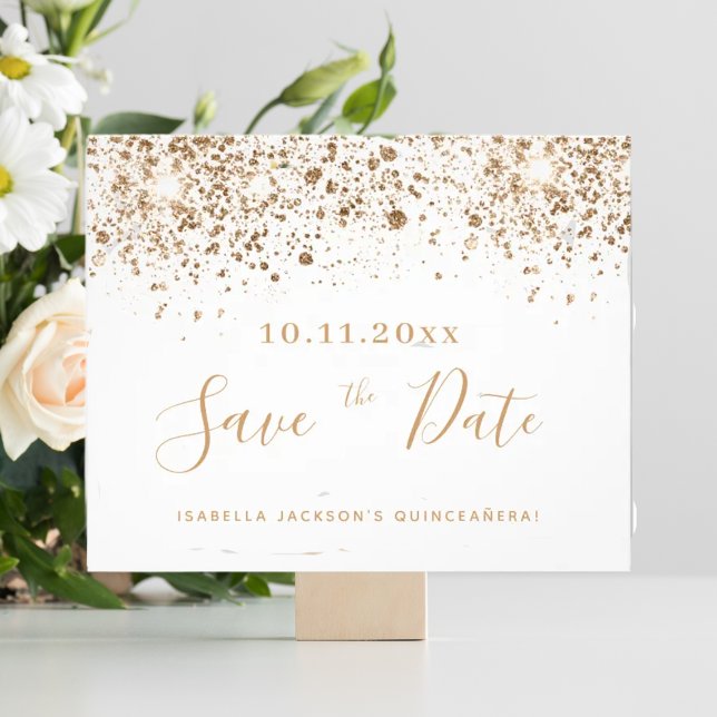 Quinceanera white gold budget save the date flyer (Creator Uploaded)
