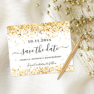 Quinceanera white gold budget save the date flyer