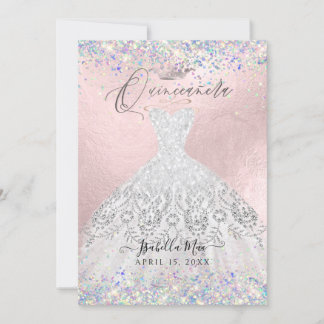 Quinceanera White Gold Dust Glitter Gown Invitation