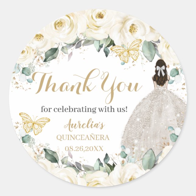Quinceañera White Gold Floral Princess Butterflies Classic Round Sticker (Front)