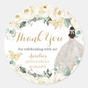 Quinceañera White Gold Floral Princess Butterflies Classic Round Sticker