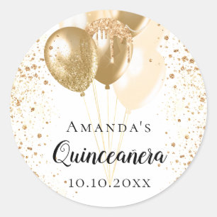 Quinceanera white gold glitter balloons name classic round sticker