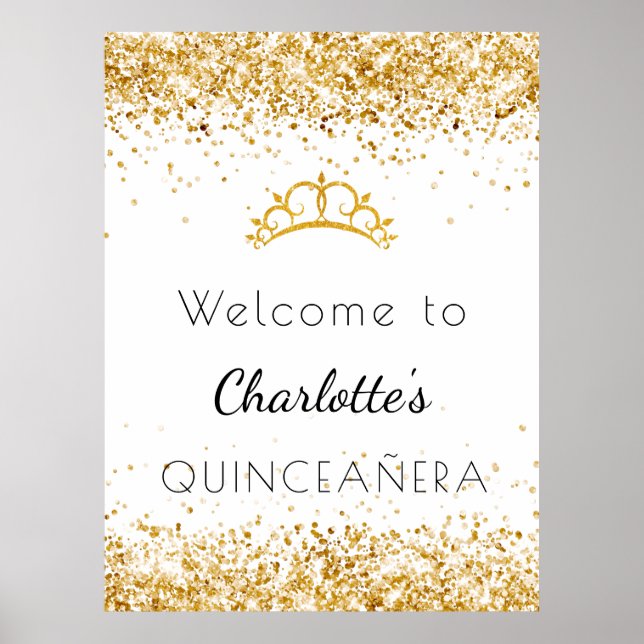 Quinceanera white gold glitter dust tiara welcome poster (Front)