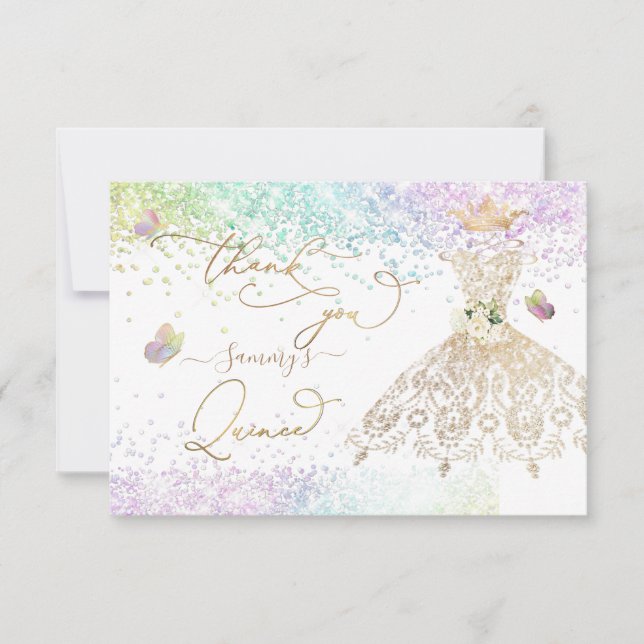 Quinceanera White Gold Glitter Gown Pastel Thank Y Thank You Card (Front)