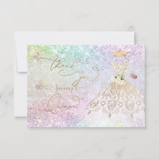 Quinceanera White Gold Glitter Gown Pastel Thank You Card (Front)
