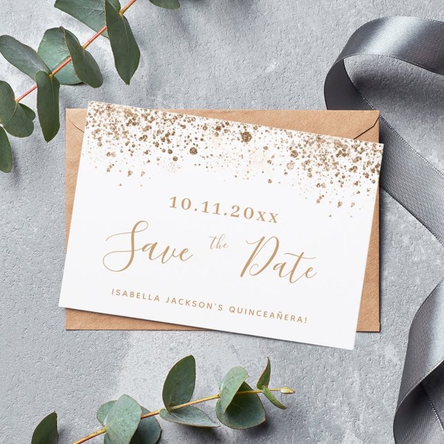 Quinceanera white gold glitter save the date  announcement (Creator Uploaded)