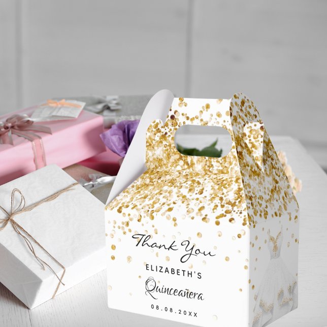 Quinceanera white gold hank you favour box (Creator Uploaded)