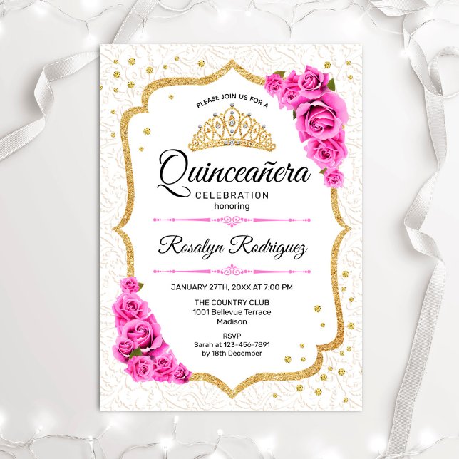 Quinceanera - White Gold Pink Roses Invitation (Creator Uploaded)
