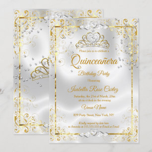 Quinceanera White Gold Tiara Diamond Hearts Invitation