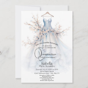 Quinceañera White Gown with Pink Blossoms Invitation