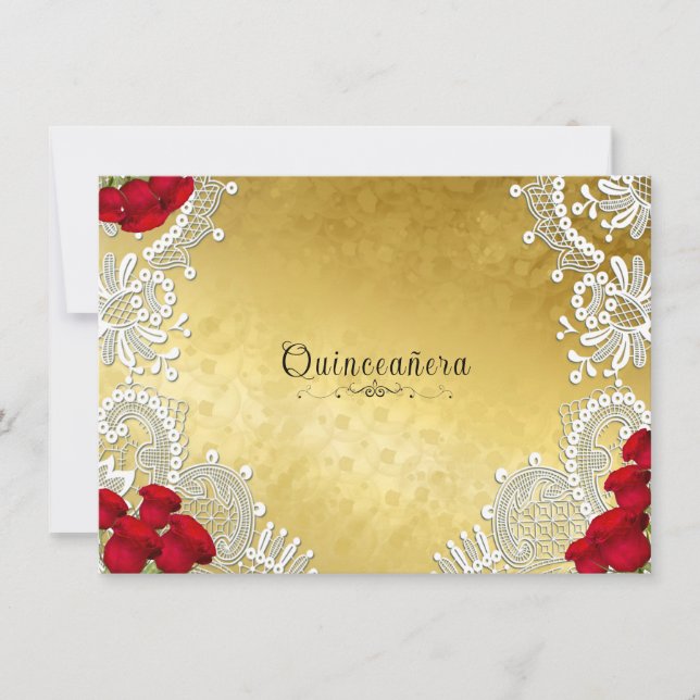  Quinceanera White Lace Red Roses on Gold  Invitation (Front)