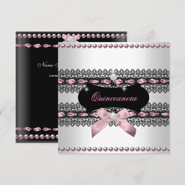 Quinceanera White Pink Black Lace Pearl Invitation (Front/Back)