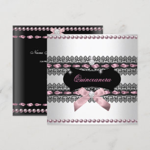 Quinceanera White Pink Black Lace Pearl Invitation