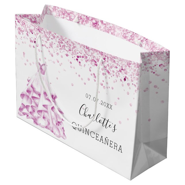 Quinceanera white pink glitter dress name large gift bag (Back Angled)