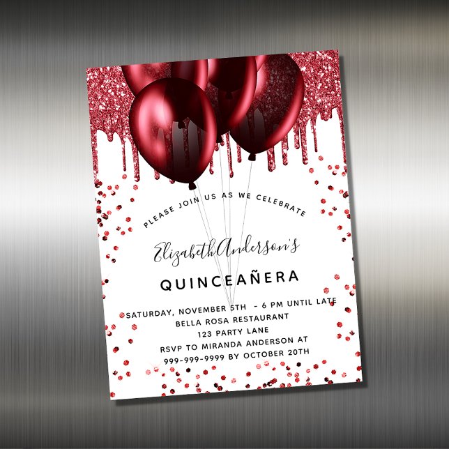 Quinceanera white red balloons invitation magnet (Creator Uploaded)