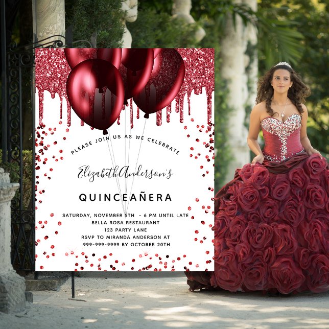 Quinceanera white red glitter balloons invitation (Creator Uploaded)