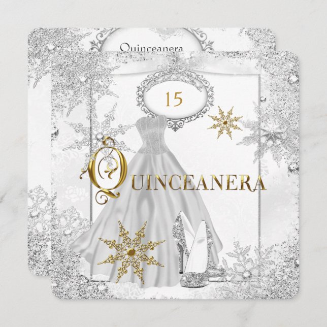 Quinceanera White Silver Snowflakes Tiara Invitation (Front/Back)