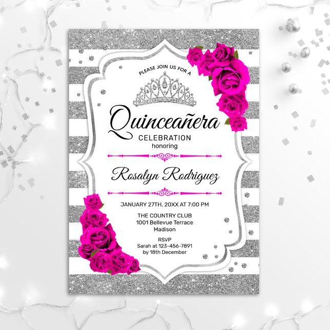 Quinceanera - White Silver Stripes Hot Pink Invitation (Creator Uploaded)