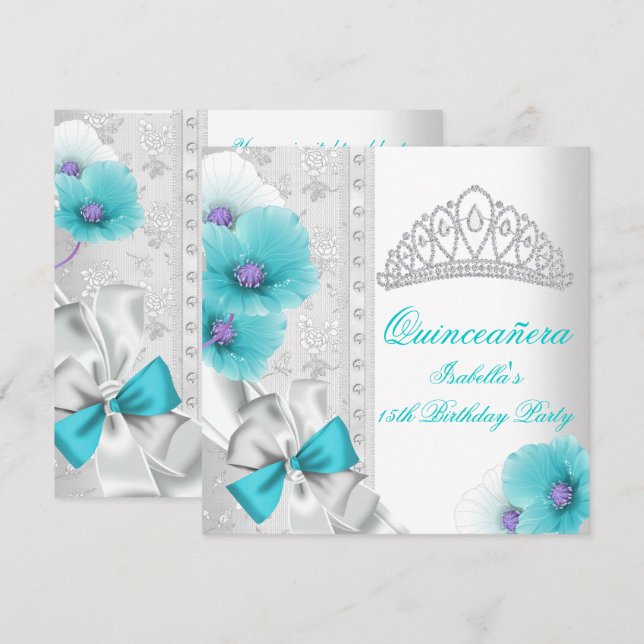 Quinceañera White Teal Blue Floral Diamond Tiara Invitation (Front/Back)