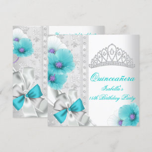 Quinceañera White Teal Blue Floral Diamond Tiara Invitation