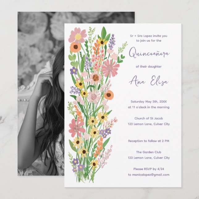 Quinceañera Wildflowers Handpainted Custom Photo Invitation (Front/Back)