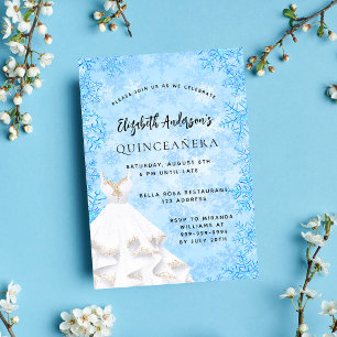 Quinceanera winter snowflakes blue white dress invitation