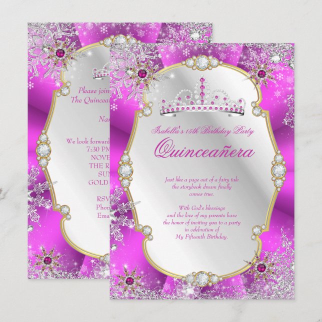 Quinceanera Winter Wonderland Hot Pink Gold Silver Invitation (Front/Back)