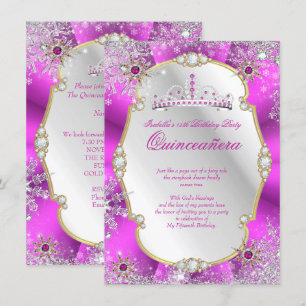 Quinceanera Winter Wonderland Hot Pink Gold Silver Invitation