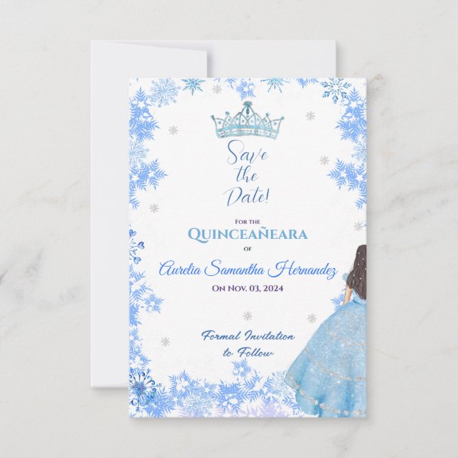 Quinceañera Winter Wonderland Save the Date Card (Front)