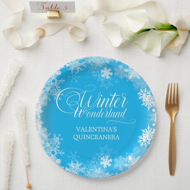 Quinceanera Winter Wonderland Snowflake Blue Paper Plate (Wedding)