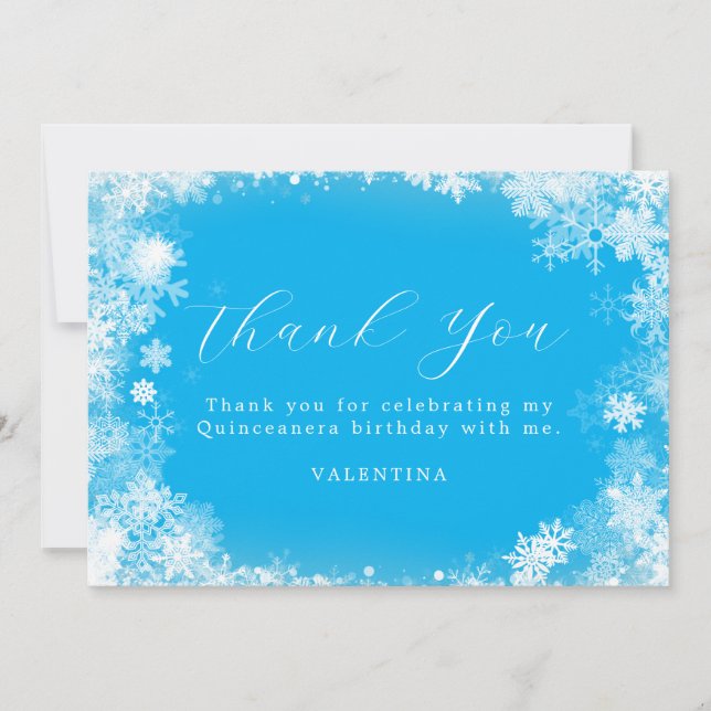 Quinceanera Winter Wonderland Snowflake Blue Thank You Card (Front)