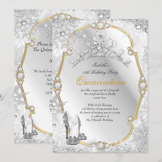 Quinceanera Winter Wonderland Snowflake Gold White Invitation (Front/Back)