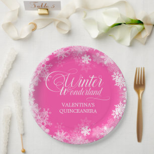 Quinceanera Winter Wonderland Snowflake Pink Paper Plate