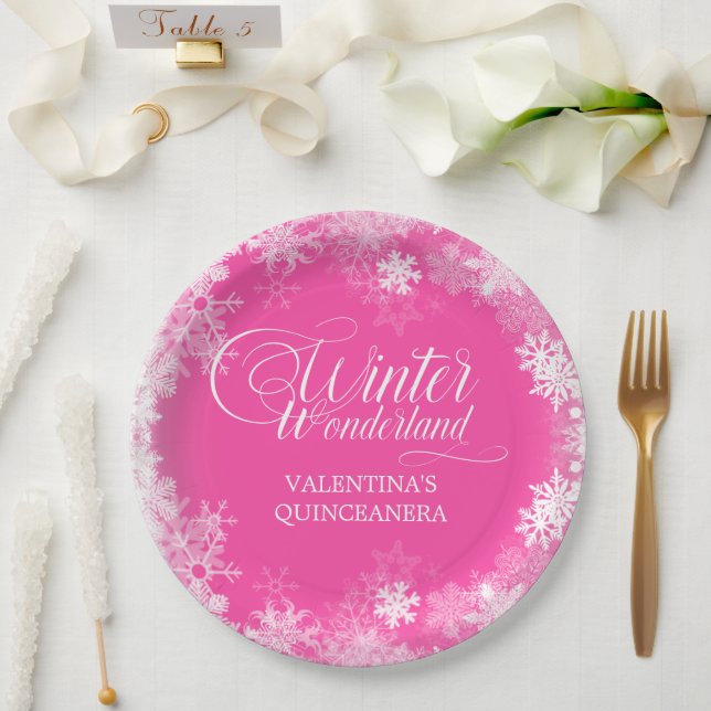 Quinceanera Winter Wonderland Snowflake Pink Paper Plate (Wedding)